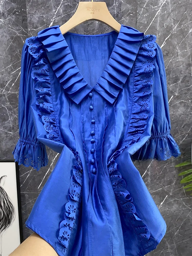 

Stunning Klein Blue Lace Embroidery Bubble Sve Doll Collar irt Top V-ne Five-quarter Sve Regular Length