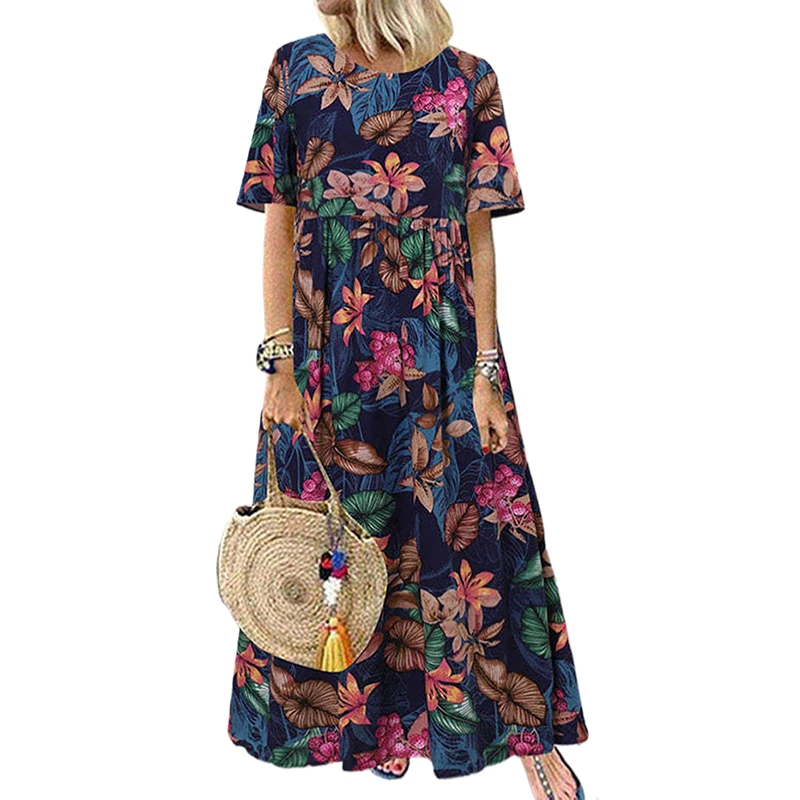 Robe d'été bohème longue pour femmes, vintage, imprimé floral, manches courtes, robe de plage, été, 2024