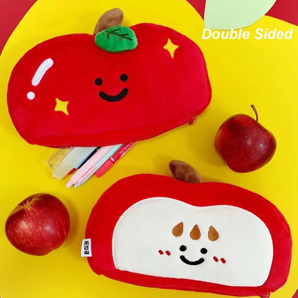 Cute Plush Pen Bag Apple Large Capacity Stationery Bag Double Sided Multi-function Stationery Organizer