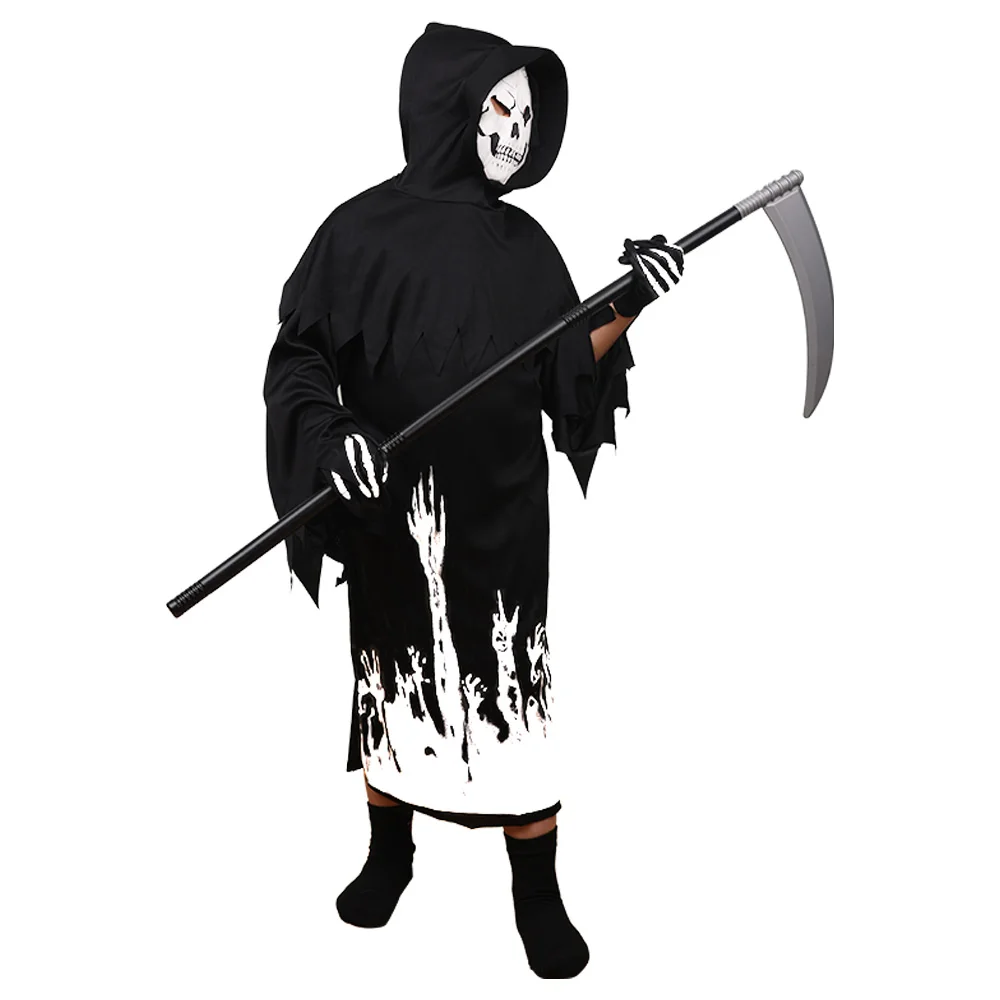 2‑Style Grim Reaper Cosplay Costume Black Hooded Robe With Scythe Prop Skeleton Mask Gloves Halloween Carnival Fancy Dress Outfi view 3