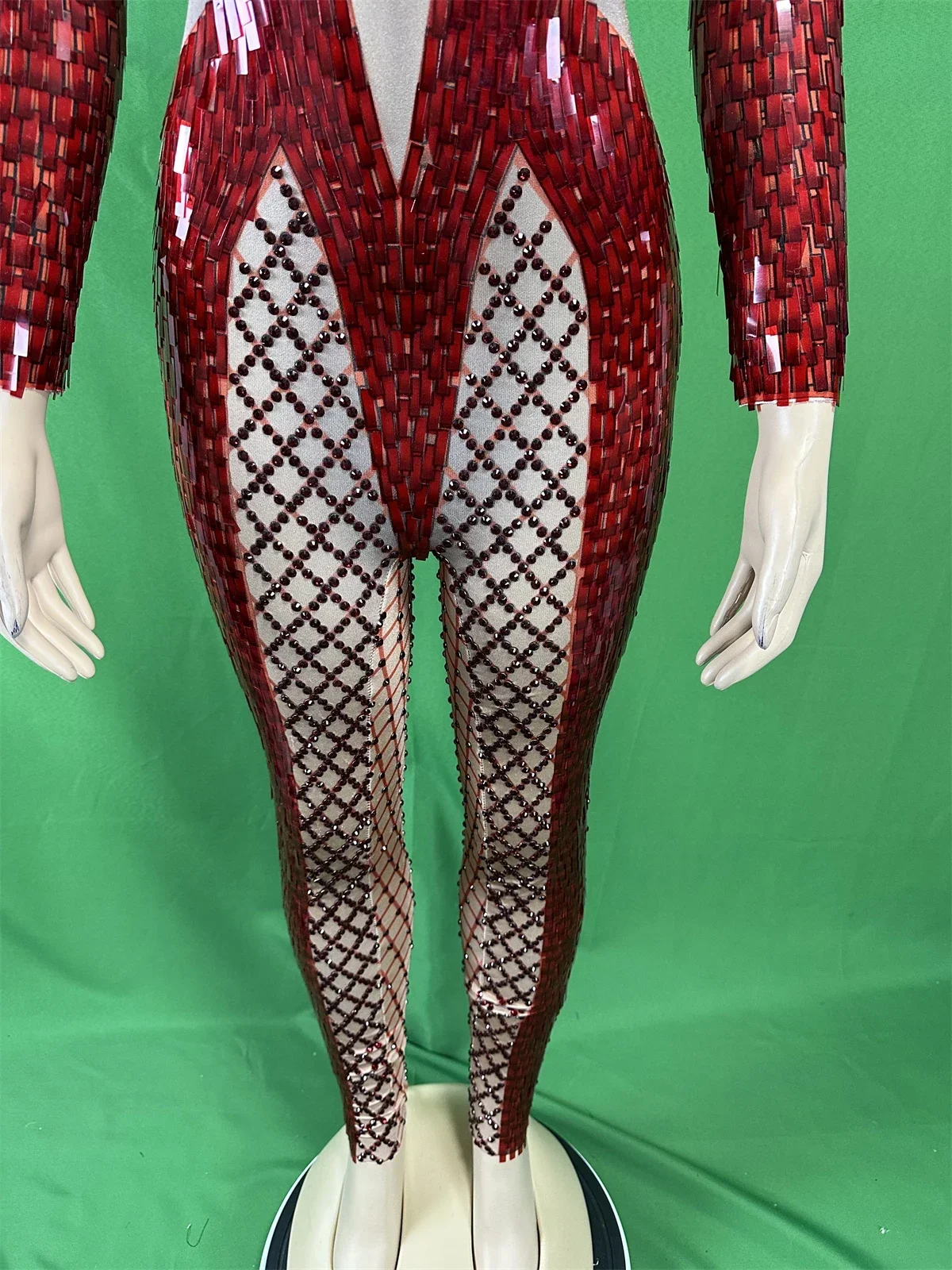 Damskie czerwone cekinowe kombinezony z dżetami, elastyczne, do tańca, na noc, błyszczące rajstopy, kostiumy DJ DS z brokatem, 2025