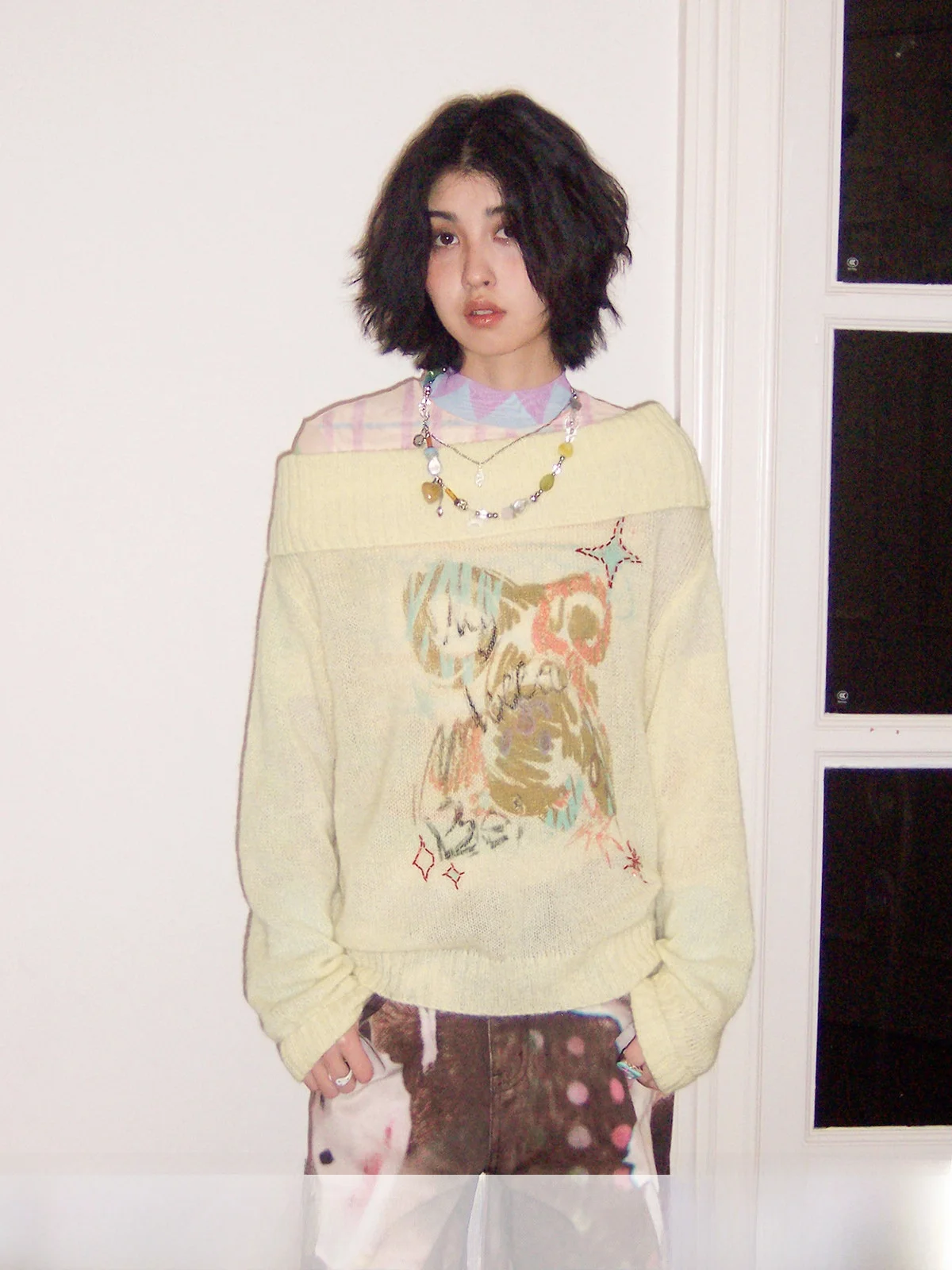 

Chtry Girl Soft Sugar Bear Star Travel fiti Bead oulder Slant Sweater Combed Skin Friendly Versatile Top Women's Kn...