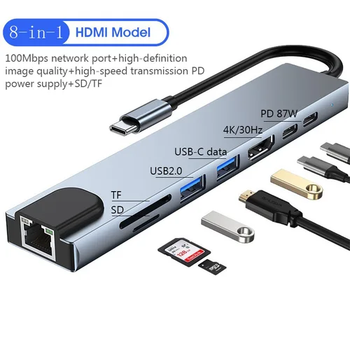 HDMI 노트북 컨버터가 있는 C타입 확장기, USB 허브, USB C에서 USB 3.0 2.0 디스크, 이더넷 케이블 카드 리더 및 충전 도크, 8 in 1 