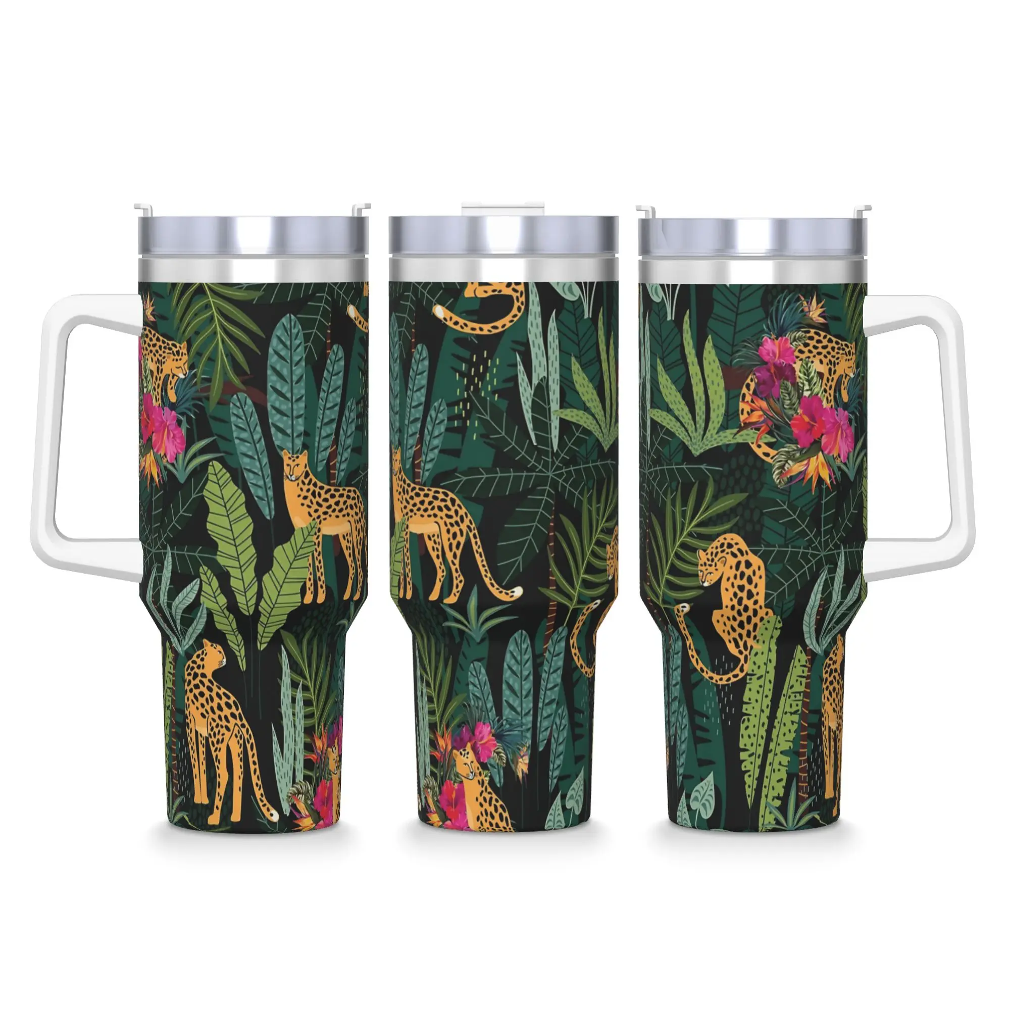 Leopard & Tropical Floral Stainless Steel Tumbler  Travel Thermal Cups With Straws and Lid Large Car Cold and Hot Water Bottle