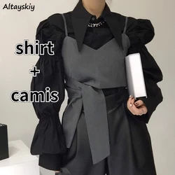 Two Pcs Sets Women Minimalist Black Ins Korean Fashion Long Sleeve Shirts Bandage Camis Spring Streetwear Gothic Hipster Chic