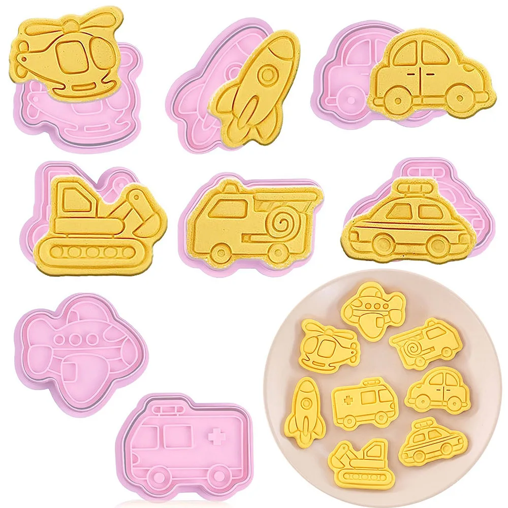 8Pcs Plastic Transportation Car Shape Cookie Cutters Biscuit Mold Pastry Pressing Cookie Stamp Baking Mold Pastry Tools