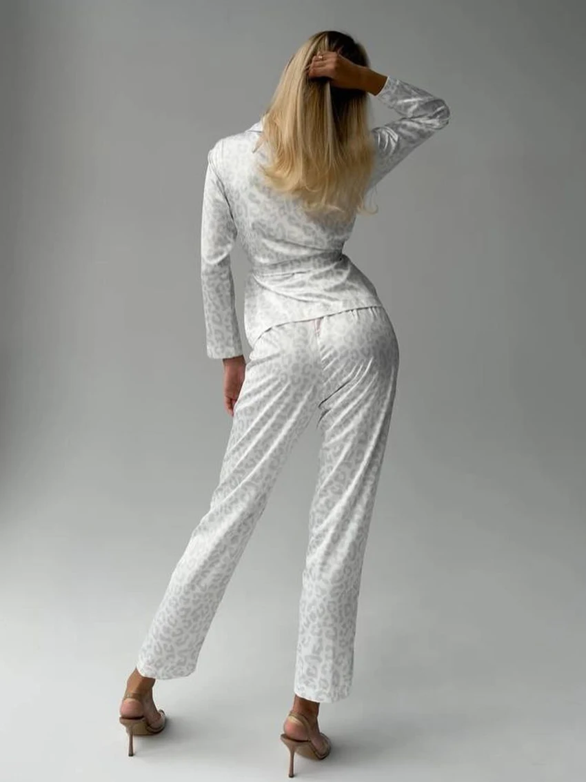 Marthaqiqi Printing Female Pajamas Suit Long Sleeve Robe Lace Up Sleepwear Turn-Down Collar Nightgowns Pants Women Nightwear Set
