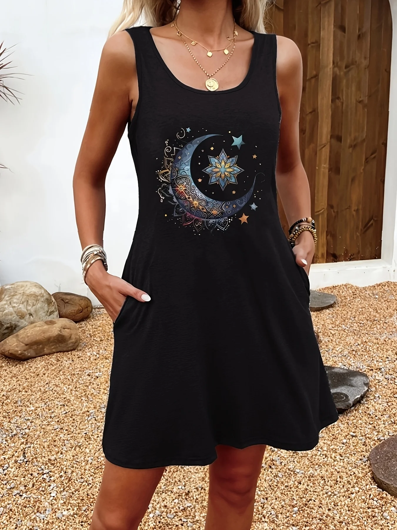 Women's Summer Loose and Comfortable Casual Sun and Moon Pattern Printed Black Sleeveless Vest Skirt Punk Style Dress
