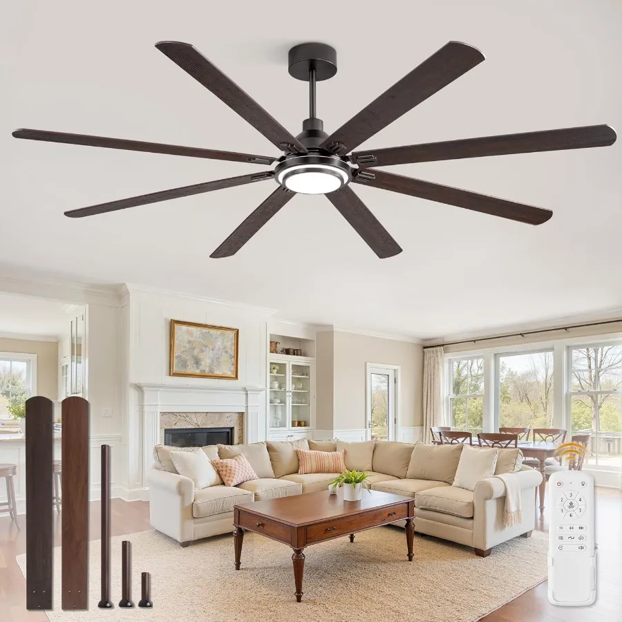 مراوح سقف مقاس 84 بوصة مع أضواء وجهاز تحكم عن بعد للاستخدام الداخلي والخارجي بلمسة نهائية برونزية زيتية مع 8 شفرات مزدوجة الألوان قابلة للعكس DC Moto