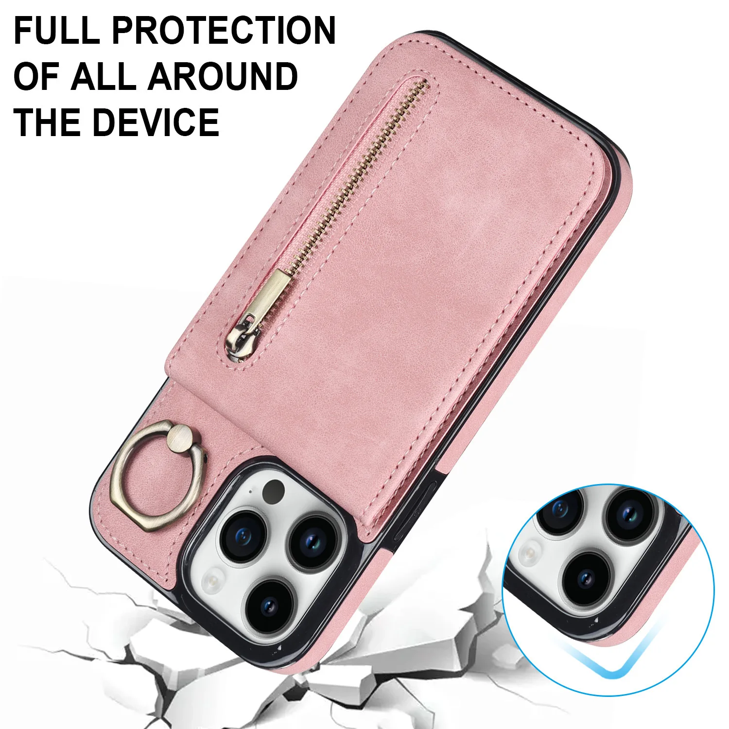 

Zipper Leather Wallet Vertical Cards Solt Ring Holder Case For iPhone 14 15 16 17 Pro Max 13 12 11 Pro Max Plus RFID Bag Cover