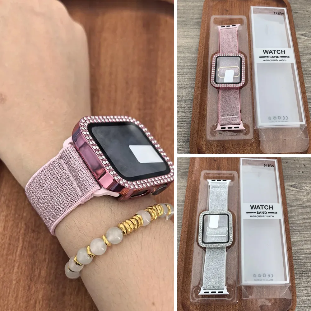 Band + gehärtetes Glas + Stoßstange Displayschutzfolie Serie Diamantabdeckung für Apple Watch Gehäuse 45-41-38mm 42mm 44mm 40mm 9 8 7 6 5 4 3 SE