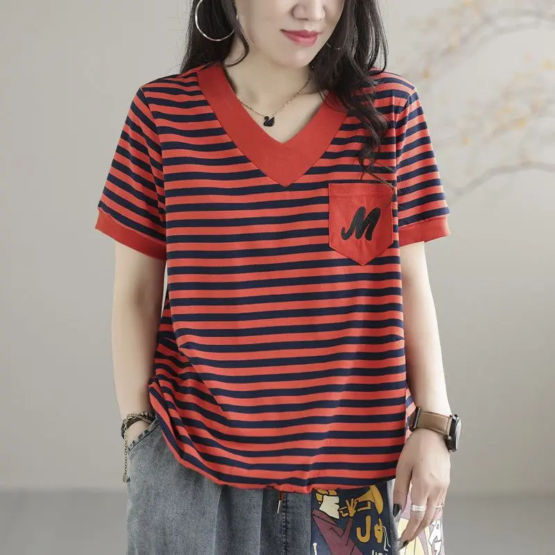 Vintage Striped Loose Tops Tees Summer New Printing Short Sleeve V Neck Plus Size Casual T Shirts Fashion Trend Women Clothing