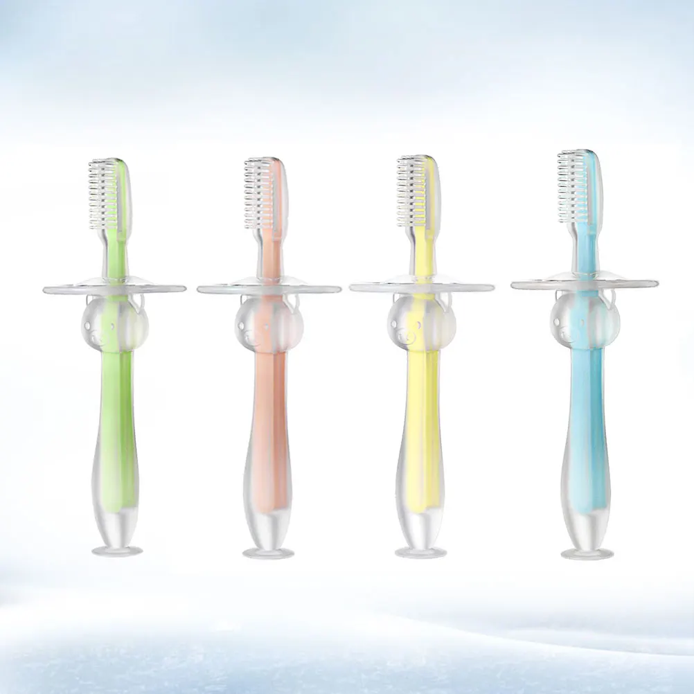 

4Pcs Baby Toothbrush Toddler Silicone Teether Bristles Training Chewing Safe Unique Handle Storage Design Long