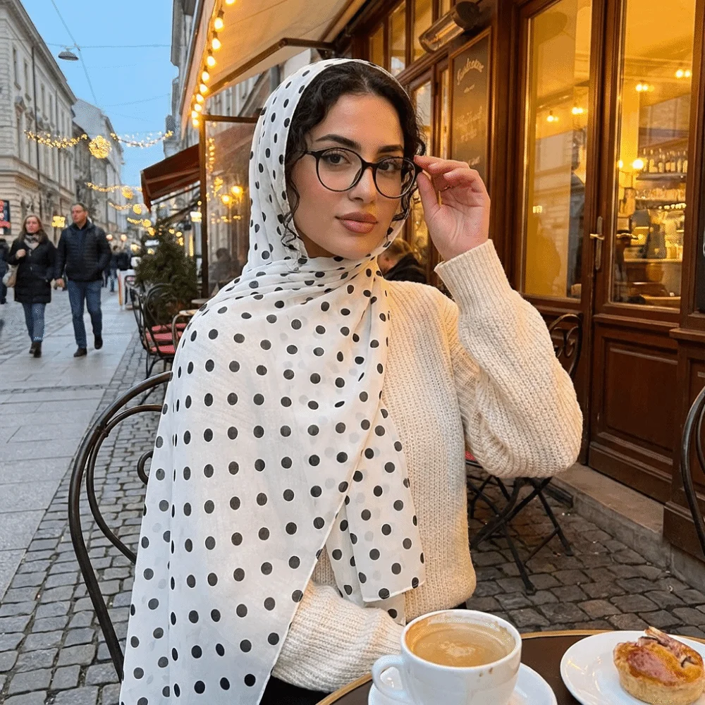 

Breathable Cotton Long Scarf Versatile Stylish Polka Dot Shawl Lightweight Head Decoration Classic Pattern Headscarf Office