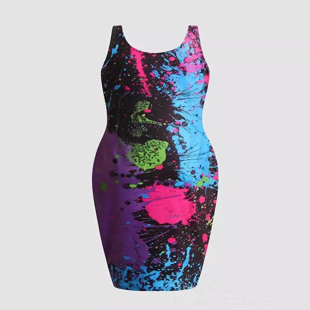 Splash Ink Impresso Sem Mangas Cintura Alta Mulheres Sexy Mini Vestido Bodycon Slim Skinny Vestido