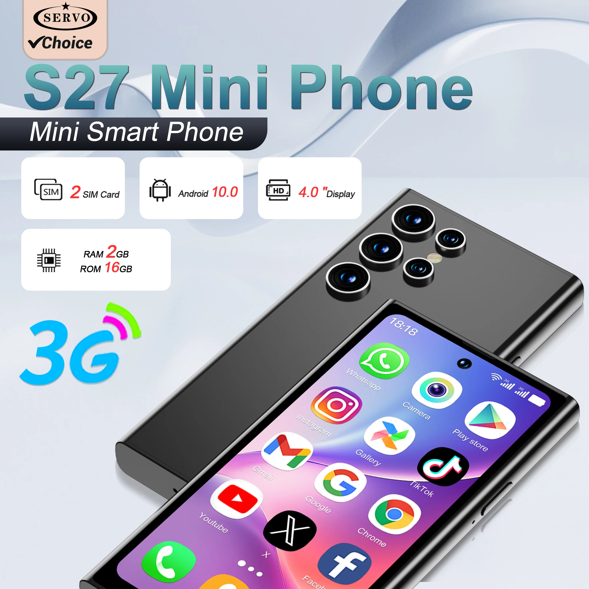 

SERVO Mini Smartphone Android 10.0 3G WCDMA RAM 2GB ROM 16GB 4.0" Display Google Play Face Unlock Dual SIM Mini Mobile Phones
