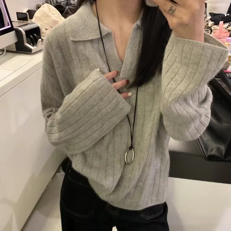 

Women's Autumn Winter Thickened Soft Trendy Base Layer Pure Color Full Sleeve French Polo Neck Short Loose Knitted Wool Sweater