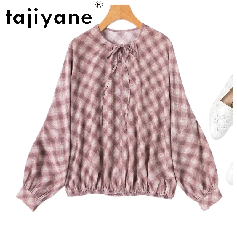 

TAJIYANE 100% Натуральные шелковые рубашки из тутового шелкопряда, женская элегантная розовая блузка в клетку, свободный повседневный весенний топ для женщин 2026, женская одежда, блузка