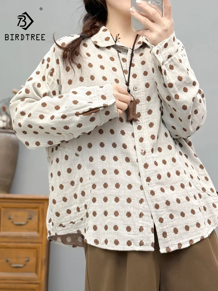 

Новинка 2026, весенняя рубашка с длинными рукавами из хлопковой пряжи, женская рубашка с отложным воротником в горошек, повседневная свободная блузка в стиле ретро Mori Girl T61284CC