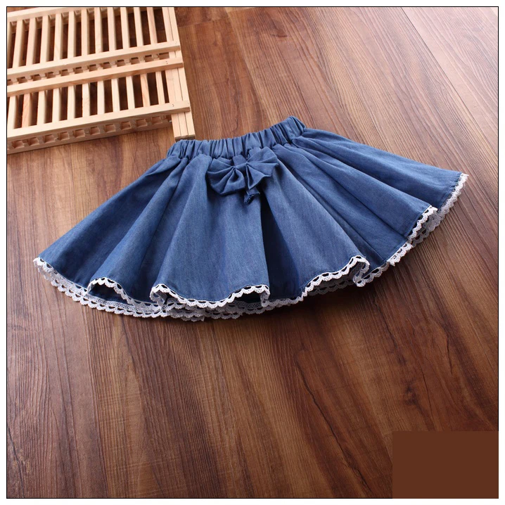 Girls Cute Nail Bead Washed Denim Skirt Spring Fall New Kids Lace Splice Pleated Children Fashion Bow Half-Length Skirt Clothes