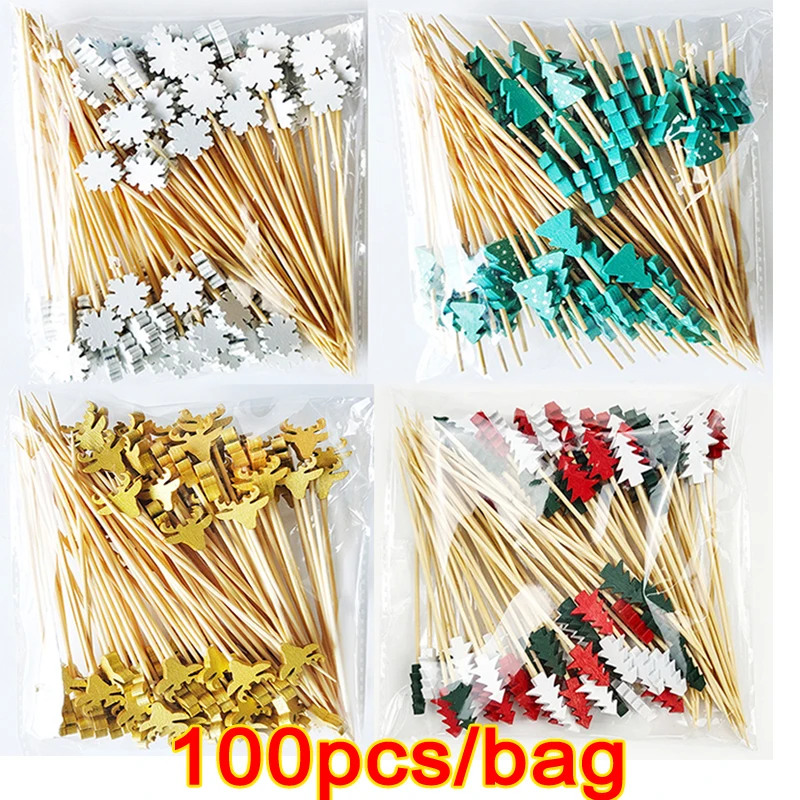 

100Pcs Disposable Toothpick Skewer Bamboo Fruit Fork Christmas Party Cake Dessert Salad Sticks Skewers Food Christmas Tree Picks