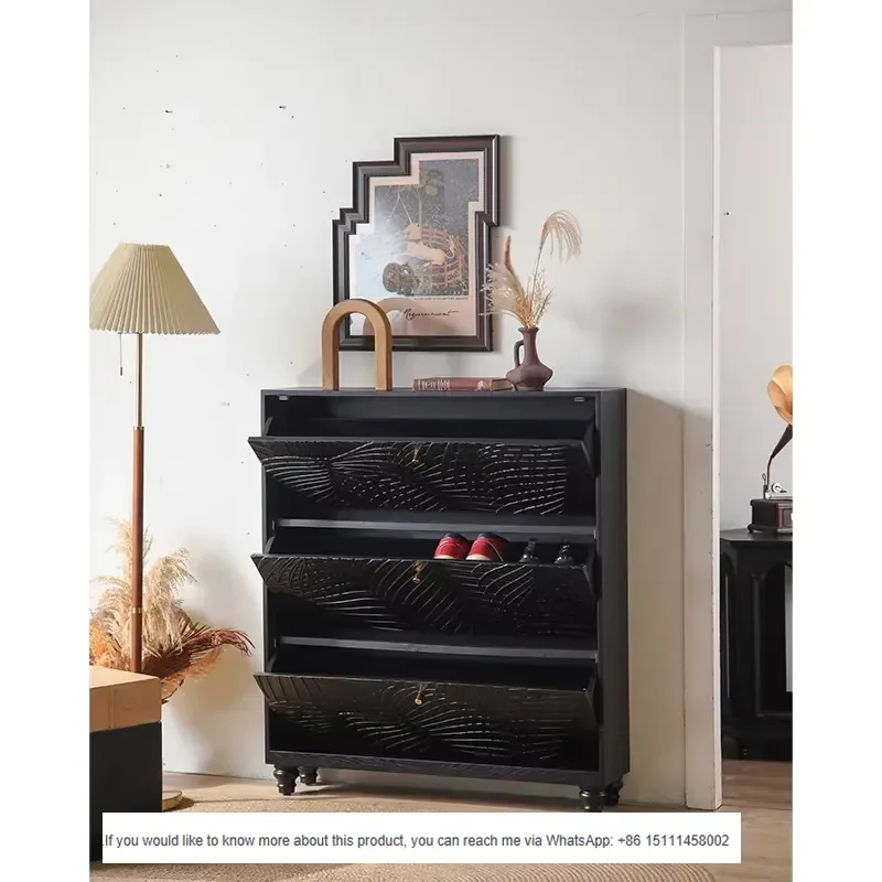French Vintage Black Shoe Cabinet Entryway Storage Cabinet Narrow Hallway Organizer Home Furniture