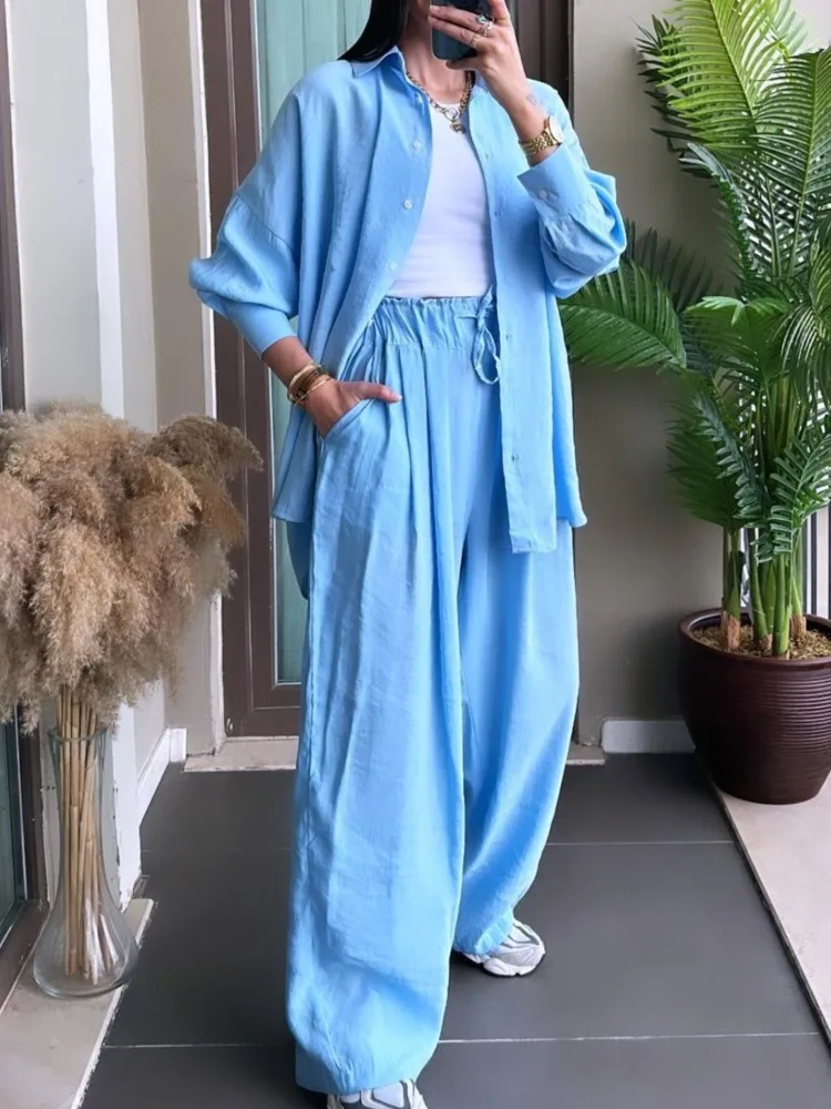

Casual Cotton Linen Shirt Two Piece Set For Women Fashion Long Sleeve Buttons Shirts Tops And Pants Outfits Female Autumn Sets