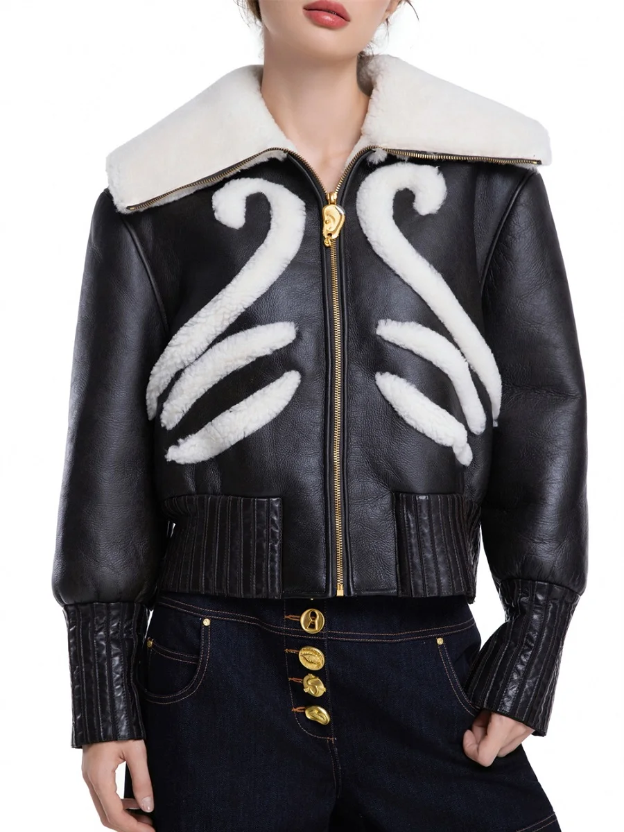 

2025 Winter Women's Leather Jacket PU Coated Spliced ​​Polar Fleece Corset Tops Outerwear y2k New High Quality Versatile Jacke