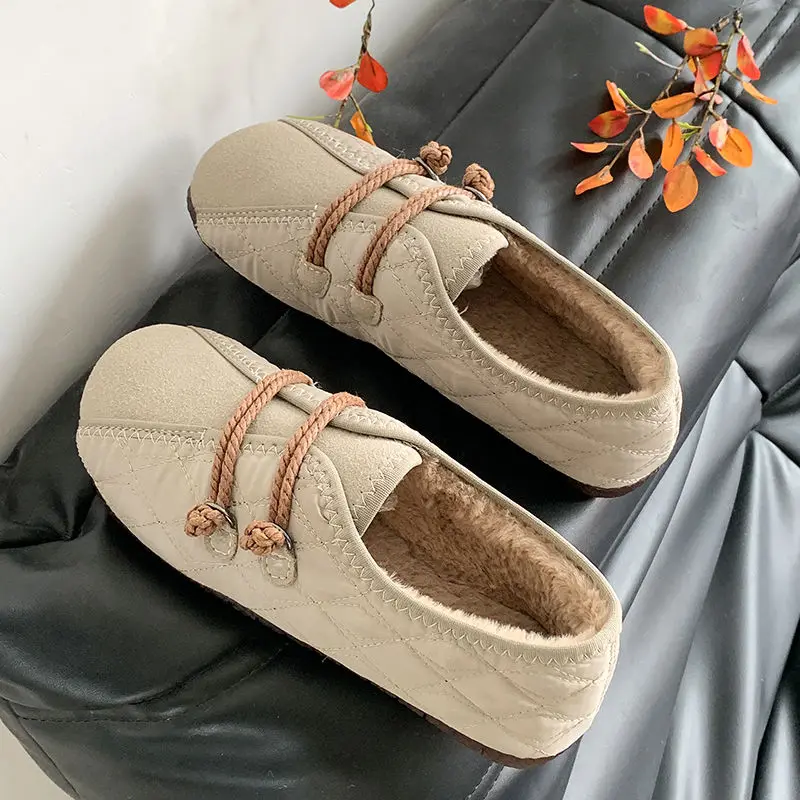 

New winter plush flats women's warm slip on shoes grandma casual walking loafer leatherette flats elderly woman granny moccasin