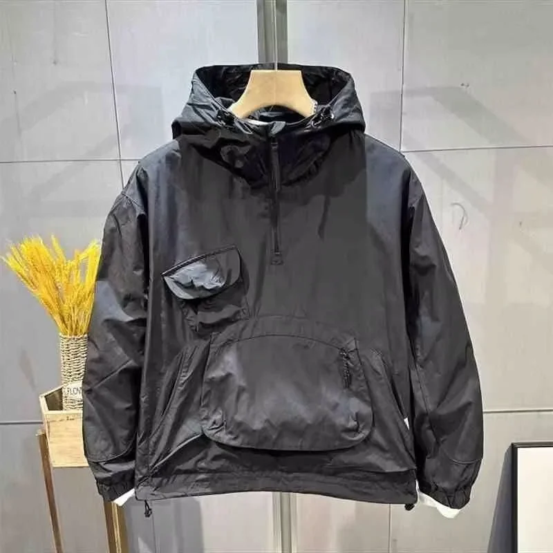 2026 Outdoor Men Hooded Pullover Jacket Half Zipper Design Multi Functional Pockets Wind Resistant Loose Fit Coat