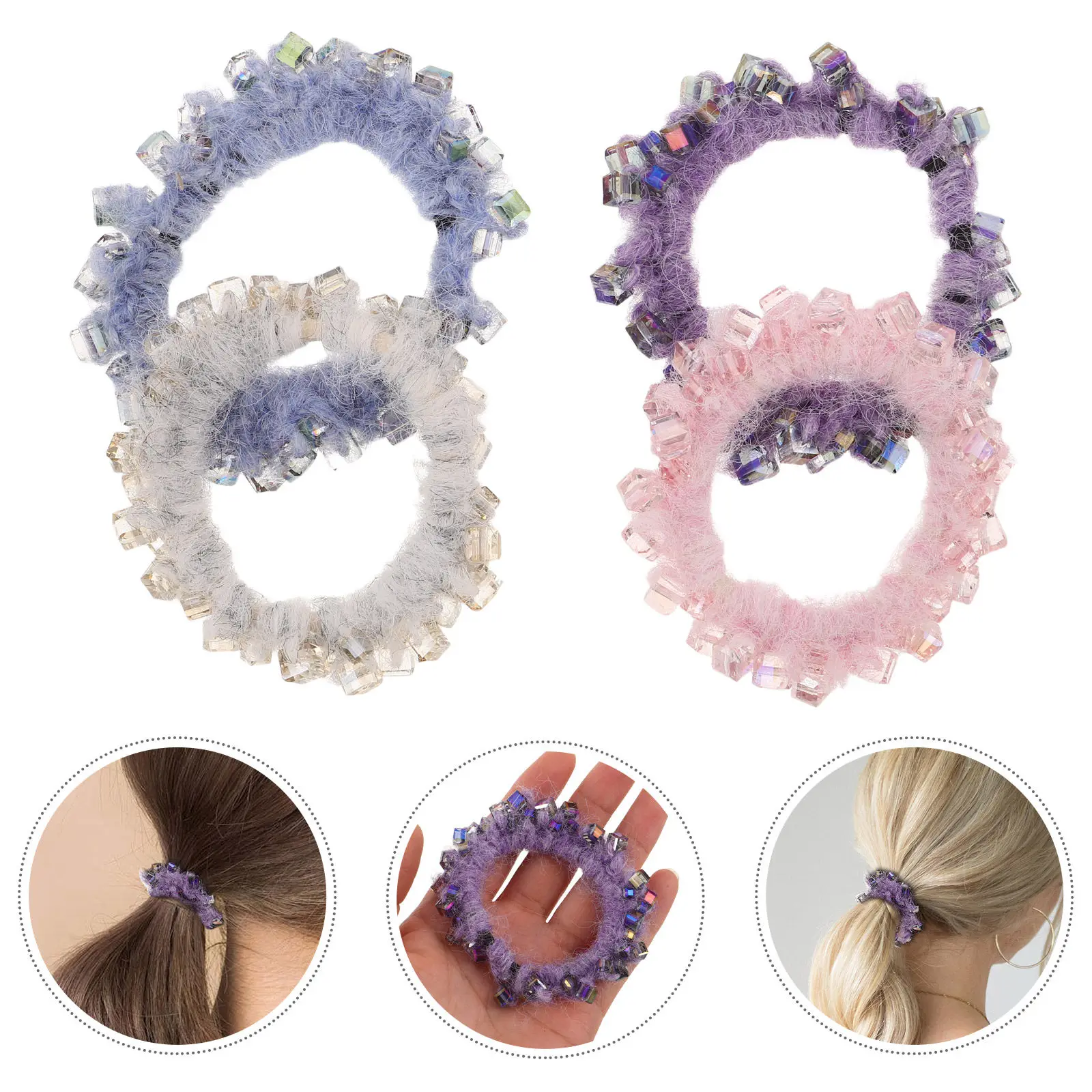 

Набор из 4 резинок для волос со стразами для девочек: высокоэластичные, мягкие, квадратные, с кристаллами, не повреждают волосы, для хвоста, для вечеринок и школы