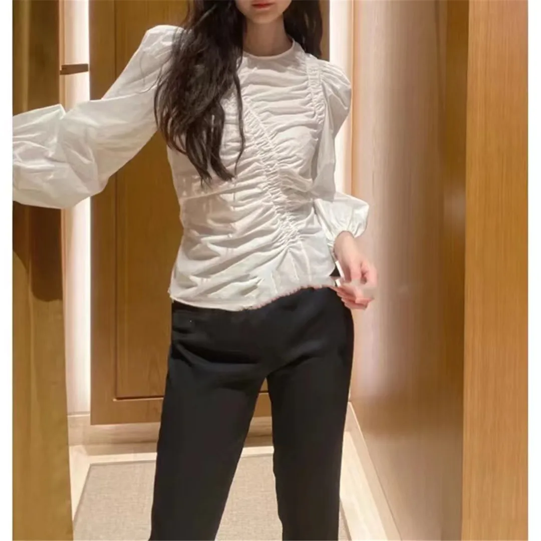 

Stylish Pleated S-Style Shirt Women's Top Waist-Cinching White Design Spring 2023 Fashion Commute Style Long Sleeve Cotton Blend