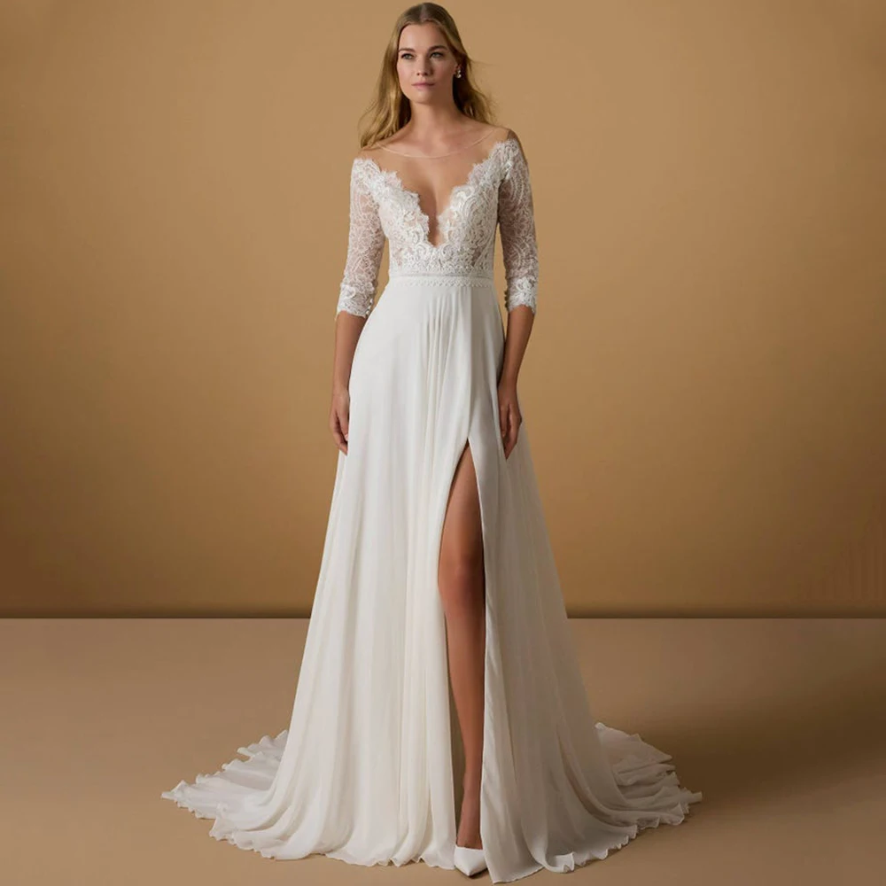 

Classic Bride Wedding Dress Scoop Neck Three Quarter Illusion Tulle Applique A-Line Side Slit Chiffon Sweep Train Bridal Gowns