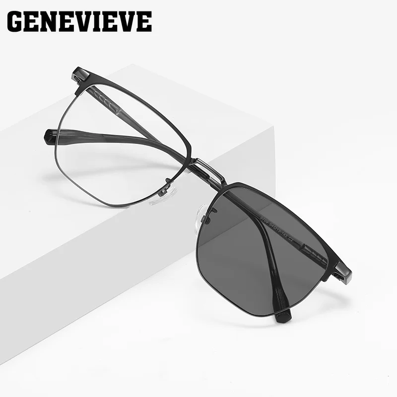 GENEVIEVE Simple Square Design Business Men's Glasses Photochromic Anti-blue Light Glasses Customizable Prescription 9709