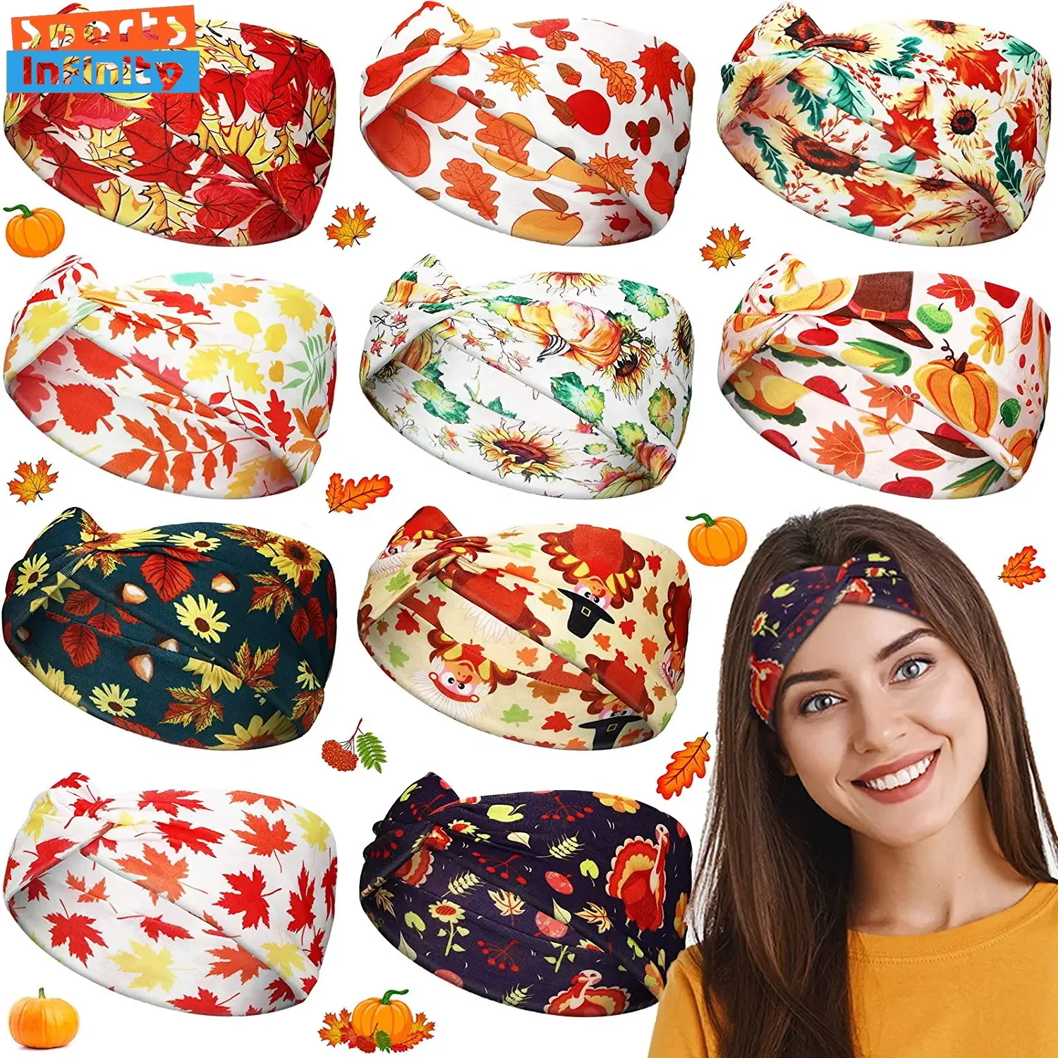 

Thanksgiving Maple Leaf Pumpkin Candy Pattern Women Yoga Headband Running Sweatband Sports Headband Thanksgiving Accessories