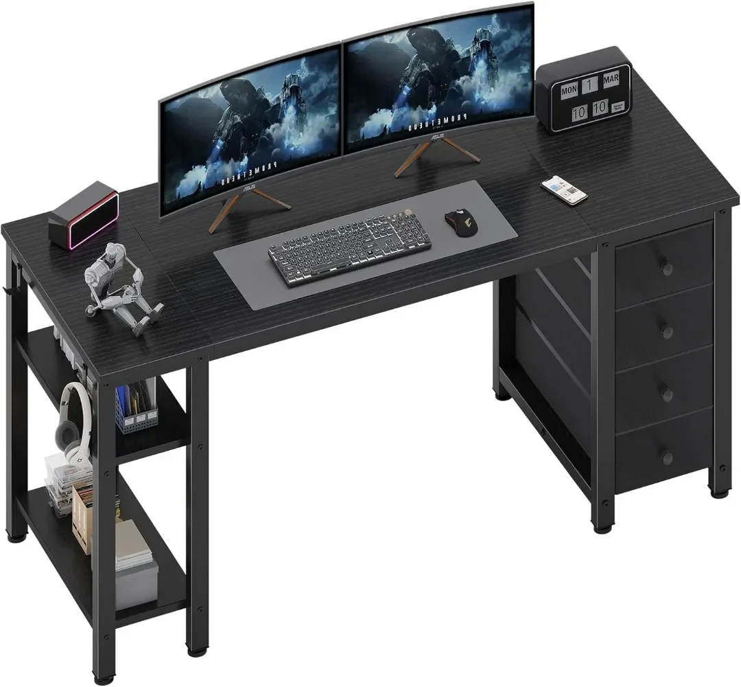 

Gaming Desk with 4 Fabric Drawers & Storage Shelves, 55 inch Computer Writing Work Study Desk for Home Office Bedroom