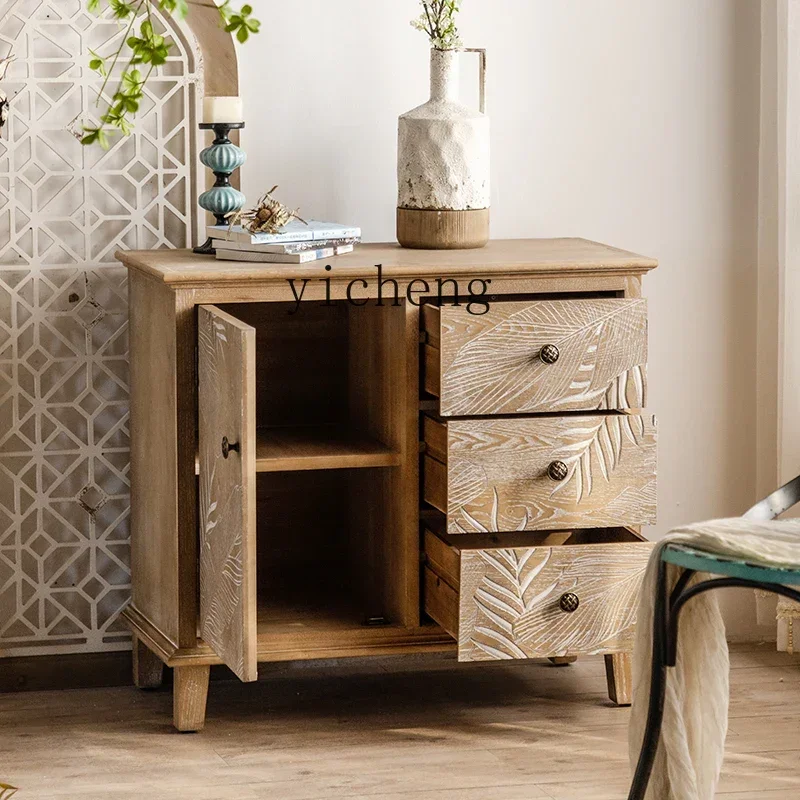 

TQH retro home entrance cabinet French solid wood old living room locker drawer cabinet