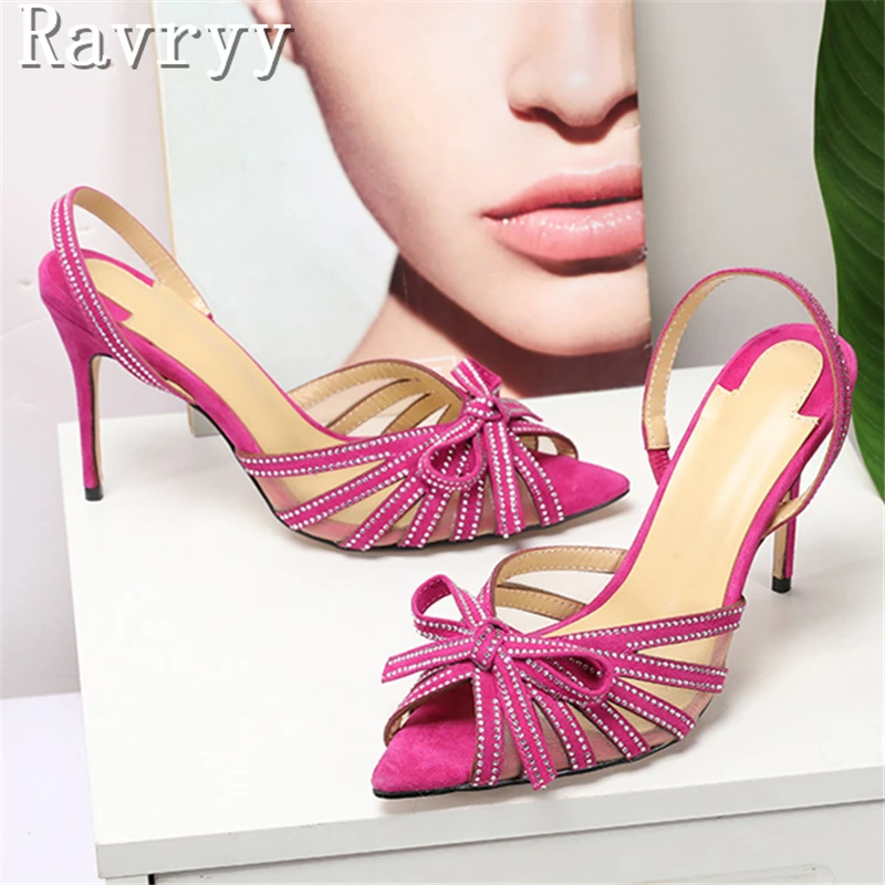 Bling Rhinestones Bow Knots Sandals Women Summer New Pointed Toe Back Strap Thin High Heel Sandals Luxury Party Dress Shoes