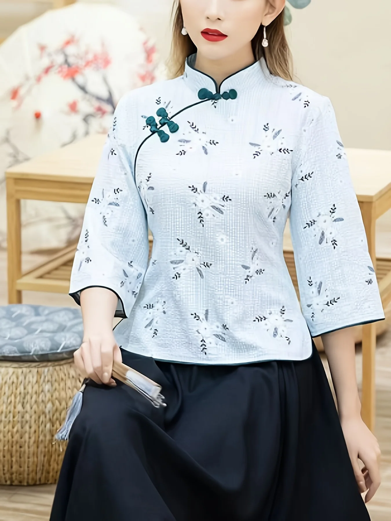 Floral Graphic Tang Suit Chinese Traditional Costume Mandarin Collar Casual Top For Spring & Summer Women's Clothing