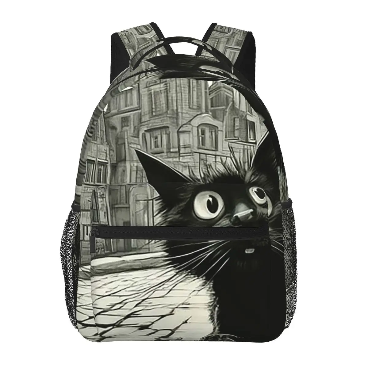 

Retro Black Cat And European Street Scene Student Backpack School Bag Hiking Travel Daypack for Boys Girls Bookbag Shoulder Bags