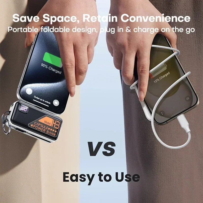 Per iPhone Samsung Xiaomi Huawei Portachiavi Display digitale Power Bank portatile Batteria esterna da 5000 mAh Caricatore cavo integrato