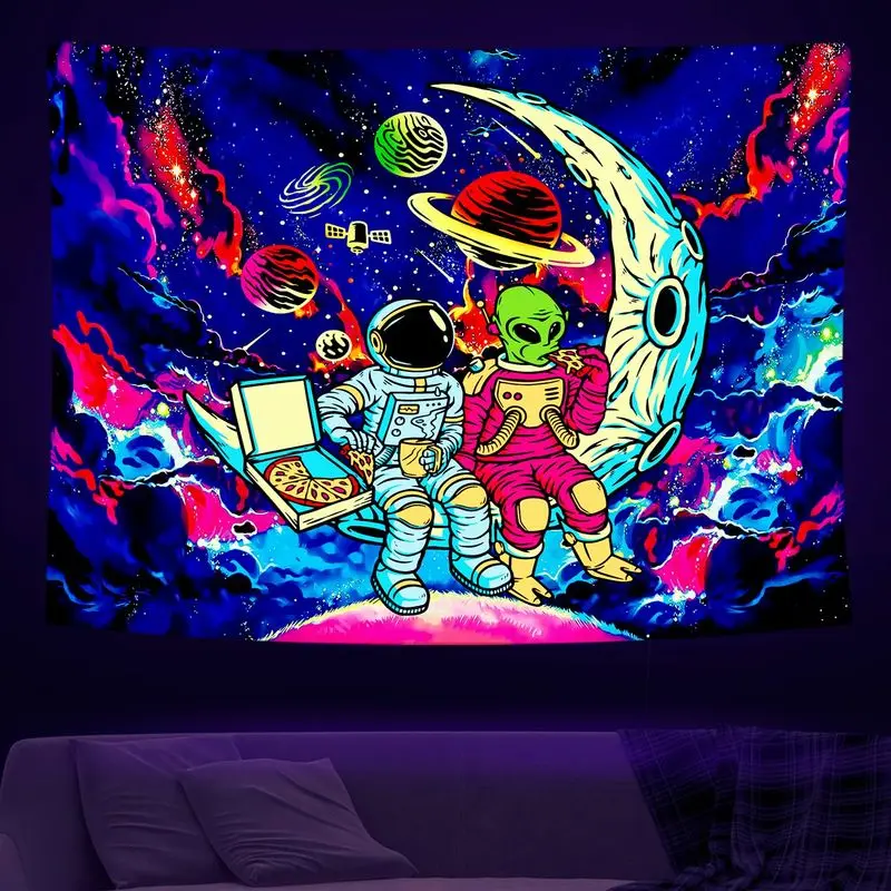 VIKAMA Blacklight Space Astronaut Alien Tapestry Galaxy Moon Planet Wall Hanging UV Glow Trippy Dorm Bedroom Wall Decor