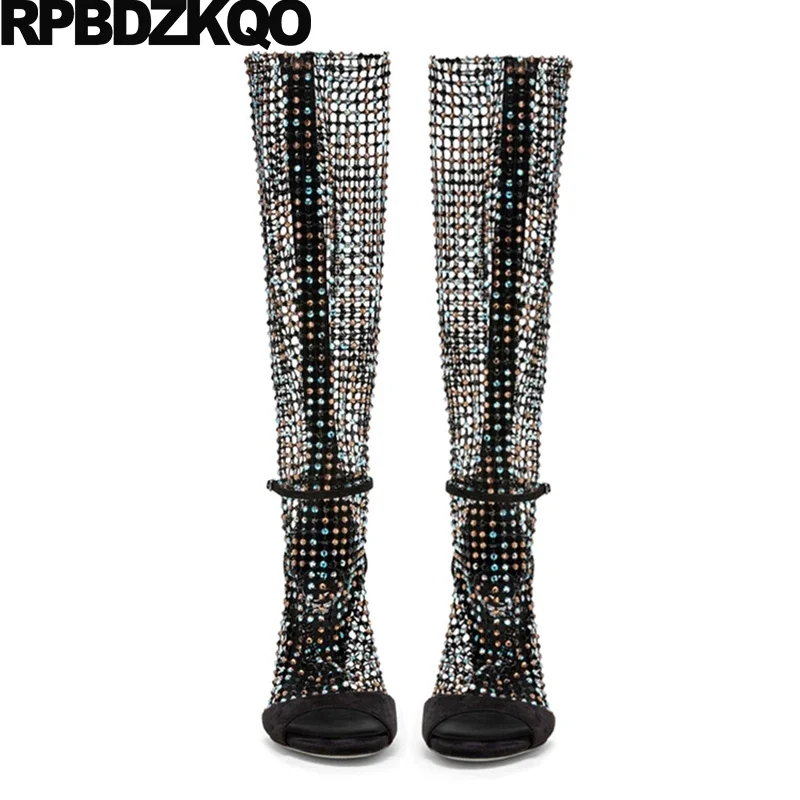 High Heels Fish Mouth Sandals Cage Boots Sparkling Footwear Thin Women Shoes Diamond Mesh Pumps Sheepskin Sparkly Knee Belts