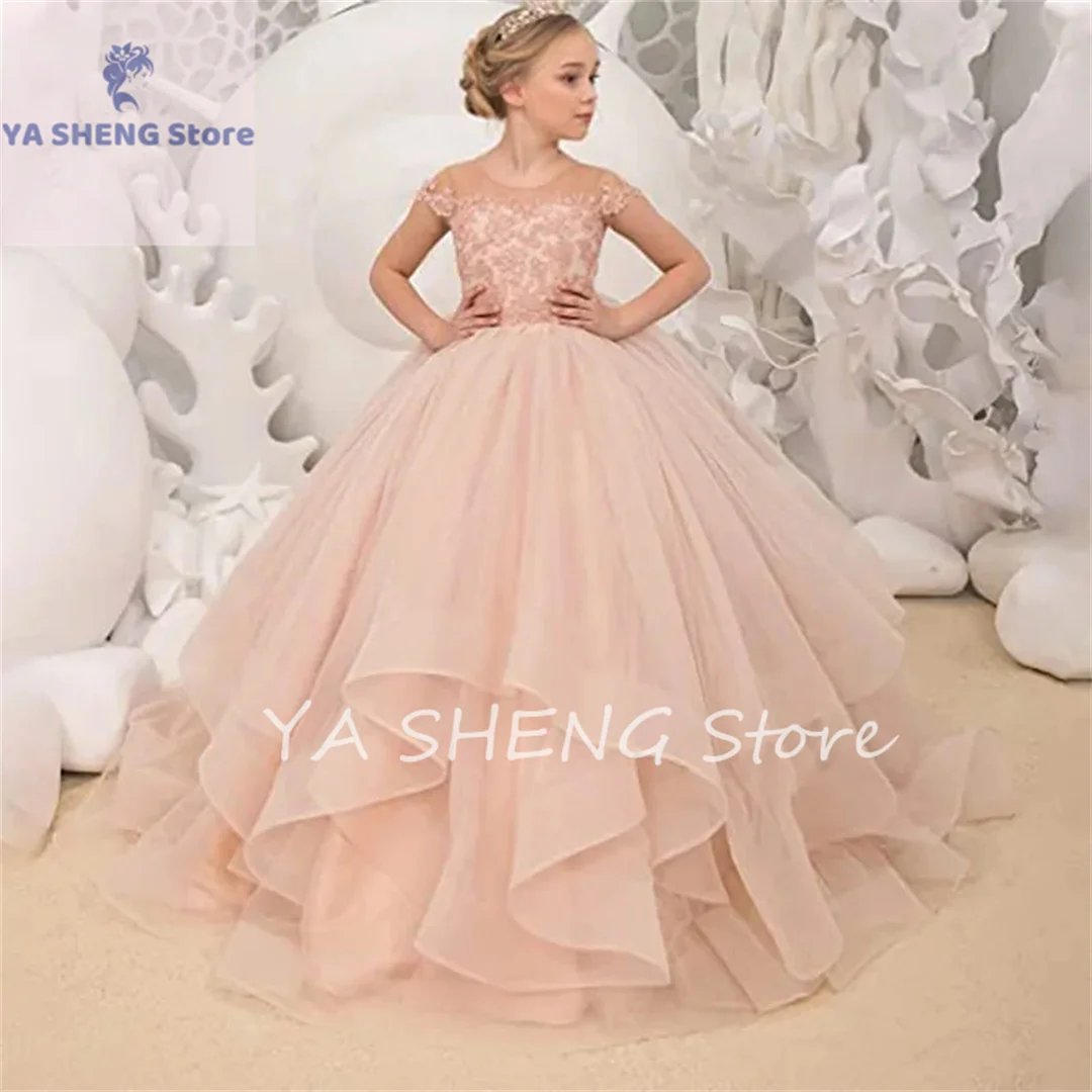 

Long Ruffles Blush Ball Gown Child Flower Girl Dresses for Wedding Princess Appliques Cap Sleeves Photoshoot Communion Gowns