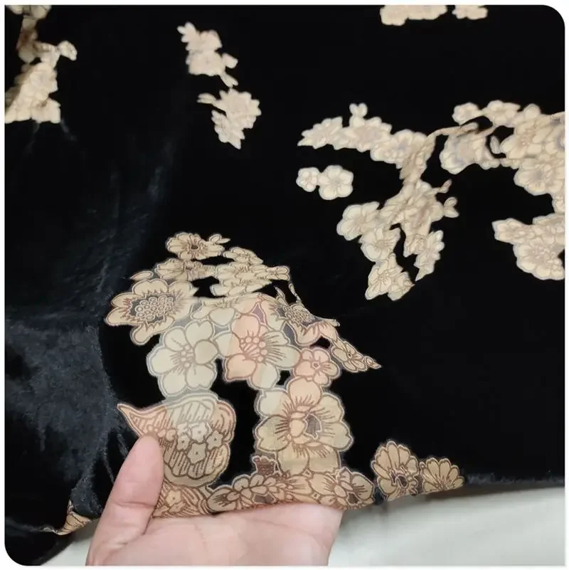 

Elegant Black Hollow Silk Velvet Mulberry Silk Base Cotton Velvet Fabric for Dresses, Qipao, Shirts, Shawls