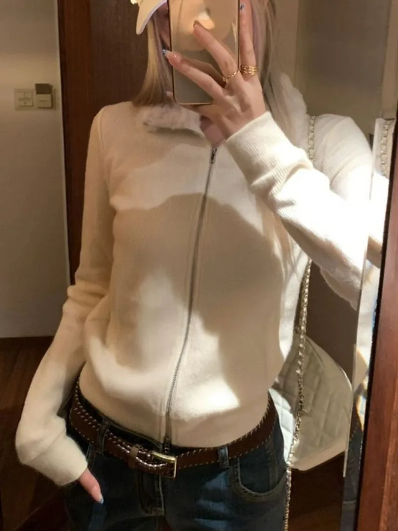 

Women's 2025 Autumn/Winter New High-Neck Solid Color Short Cardigan Sweater Dress Slim Fit Korean Style Sweet and Fluffy White