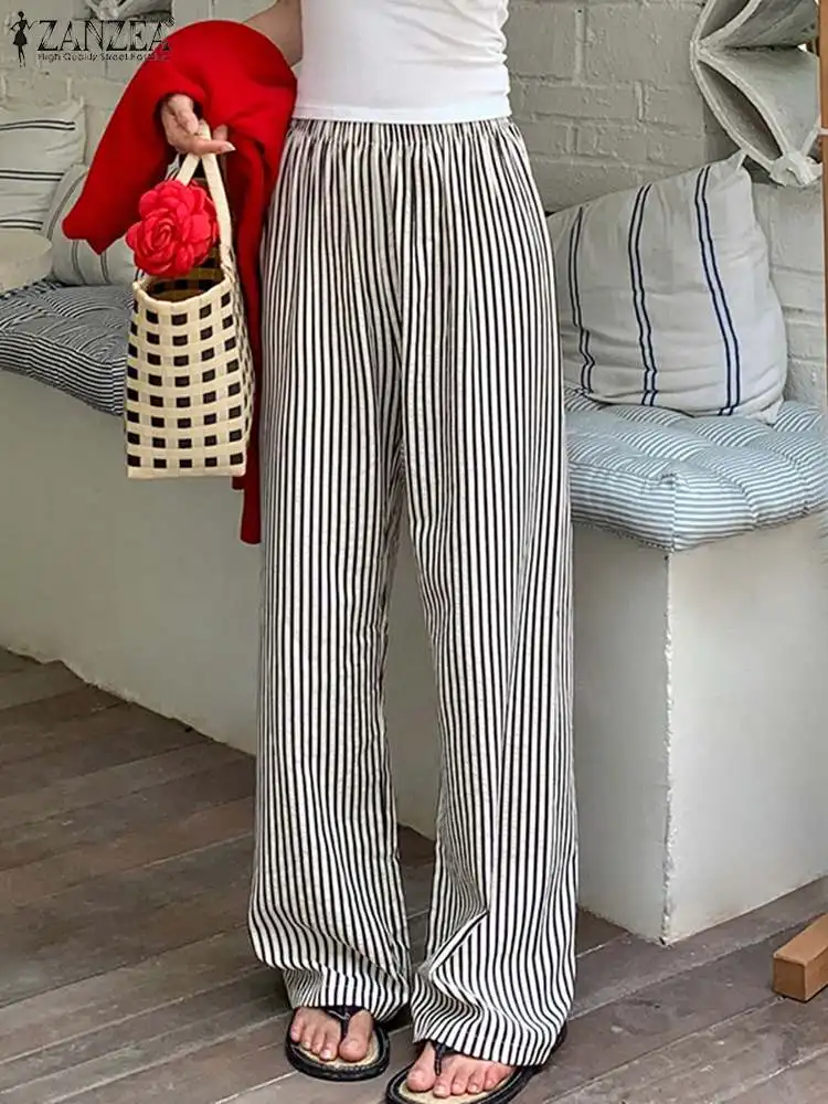 

ZANZEA Korean High Waist Wide Leg Trousers Women Fashion Stripes Straight Pants 2024 Summer Casual Elastic Waist Loose Pantalon