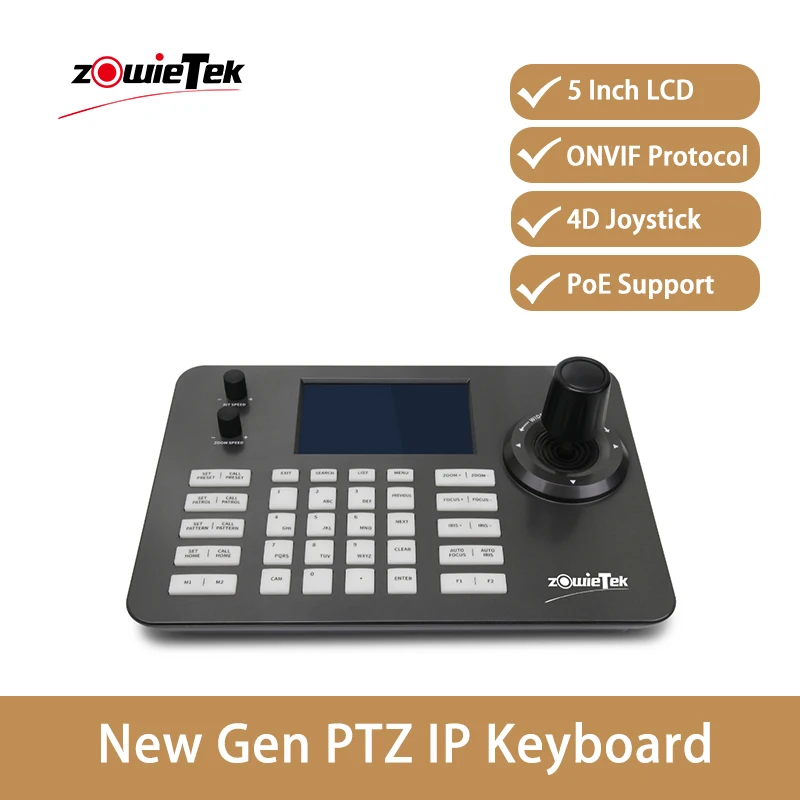 

Zowietek New Gen PTZ IP Keyboard | Network Controller | 4D Joystick with POE | 5 Inch LCD Screen | Decoding H.264 and H.265