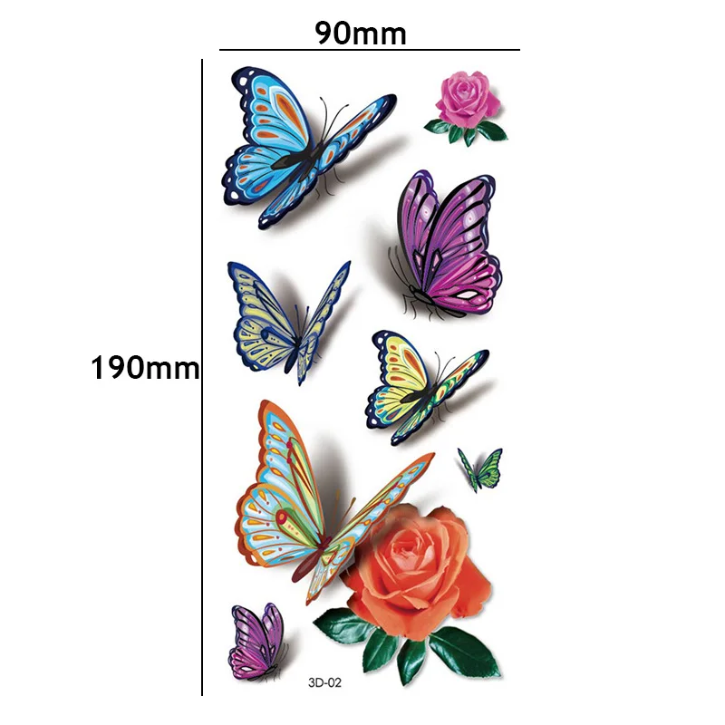 Tatuajes de mariposa 3D para mujer, pegatina temporal de arte corporal, tatuaje de pluma de flor rosa, tatuaje falso impermeable