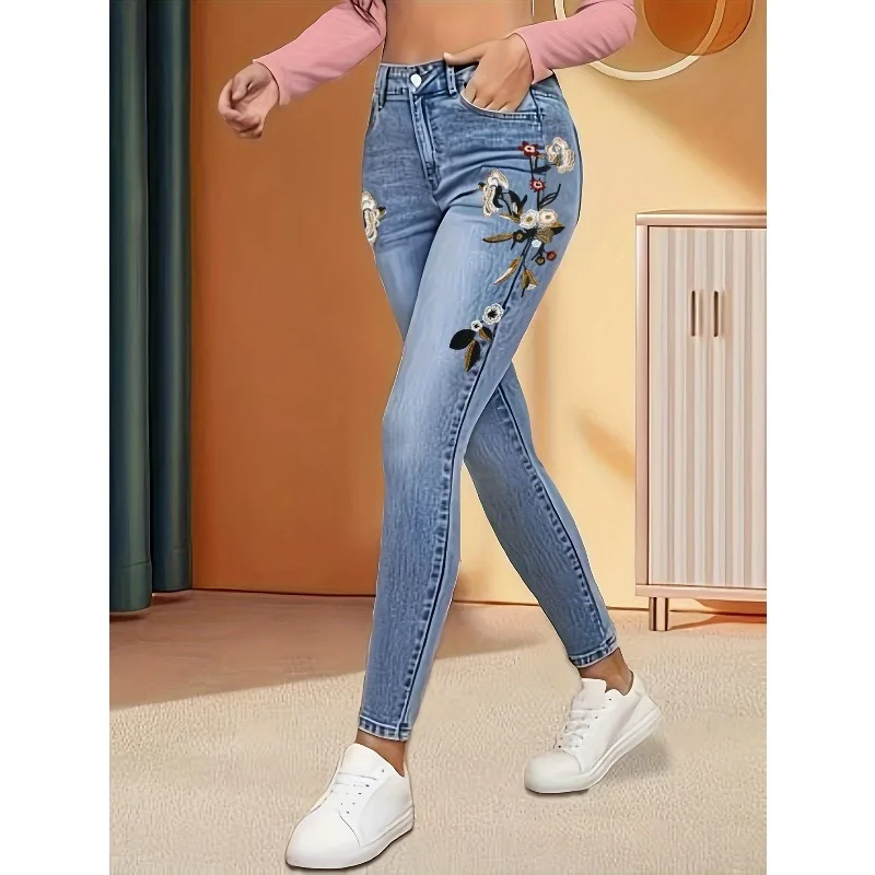 2026 New Women's Fashion Joker Casual Stretch Slim Embroidered Feet Jeans, High Elasticity, Tight-fitting, High Waist Jeans.